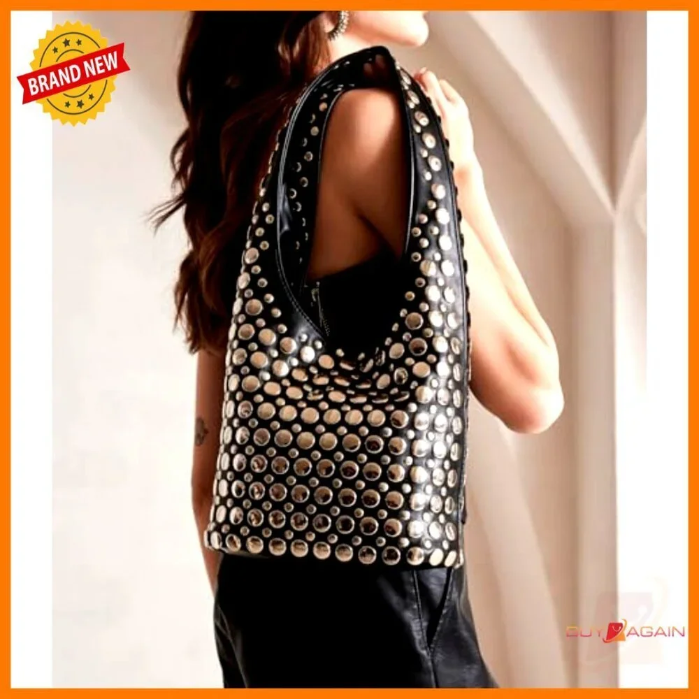 Studded Hobo Shoulder Bag PU Leather Small Tote Magnetic Closure